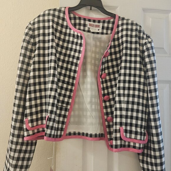 NWT Maggy london Preppy black white Houndstooth pink trim cropped blazer 16 - Picture 2 of 11